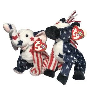 Retired 2000 TY Righty And Lefty Donkey Elephant Beanie Baby Lot Of 2
